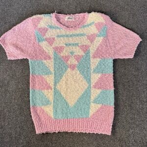 VTG 80s Alicia Geometric Knit Sweater Womens Short Sleeve Pastel Shoulder Pads